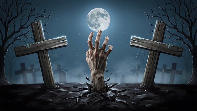 Eerie cemetery scene at night with a zombie hand emerging from cracked earth between two wooden crosses under a bright full moon and mist