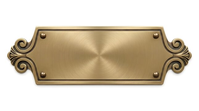 Empty brass plaque with decorative scrollwork sides and four metal rivets isolated on a clean white background for signage