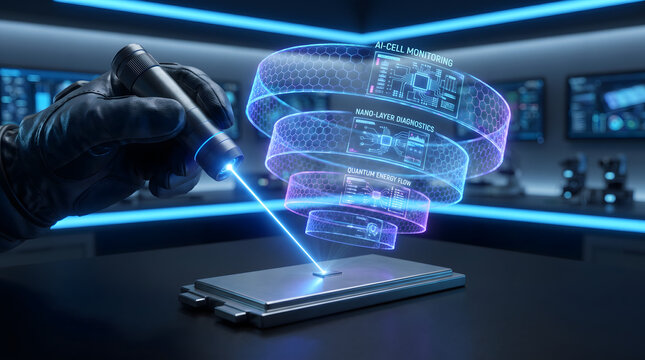 Advanced robotic laser scanning of battery cell technology for precision diagnostics and ai monitoring in a high tech laboratory environment with holographic data