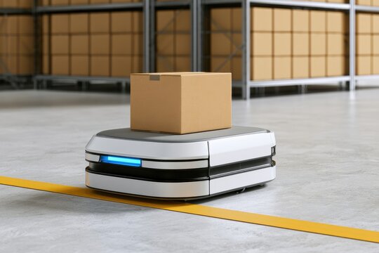 Automated Warehouse Robot Delivering Package on Yellow Line.