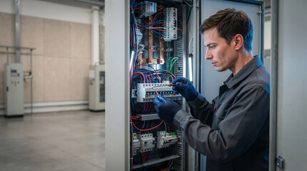 Fototapeta premium Electrician performing maintenance on a residential electrical distribution board.