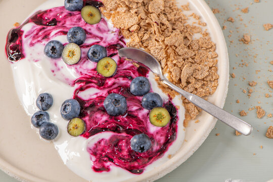 Healthy Breakfast Bowl with Yogurt Blueberries and Cereal