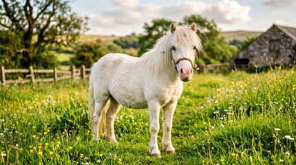 Fototapeta premium Cute white horse standing in a green meadow. Small white pony in a field with flowers