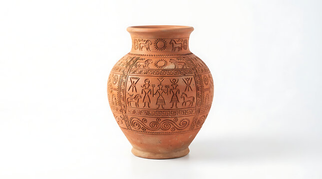 Authentic handcrafted terracotta vase with intricate ancient Anatolian carvings of human figures and animals, isolated on a white background for historical and artistic design projects.
