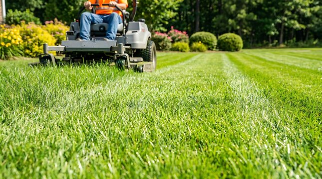 Man driving zero turn lawn mower cutting green grass in sunny backyard with landscaped bushes and flower beds.