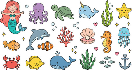 Cute Kawaii Mermaid and Sea Animal Vector Icon Set with Whale, Dolphin, Octopus, Turtle, Seahorse, Crab, and Magical Underwater Ocean Elements © MstRakha