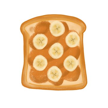 Illustration of simple toasted bread with peanut butter jam and banana slice on top