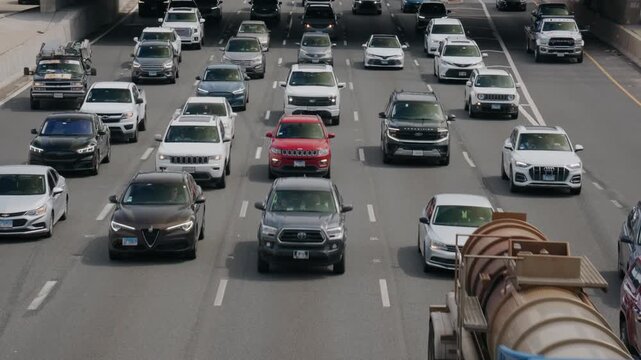 Heavy highway traffic flow during rush hour on busy multi lane highway in the USA with cars, SUVs and trucks commuting through urban infrastructure. 02,02,2026, Chicago, USA, 