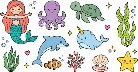 Cute Kawaii Mermaid and Sea Animal Vector Icon Set with Dolphin, Narwhal, Octopus, Sea Turtle, Clownfish, Starfish, and Magical Underwater Elements © MstRakha