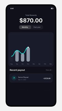 Elegant dark mode mobile financial application dashboard with animated glowing gradient bar chart and dynamic data tracking seamless loop for premium business investment concepts
