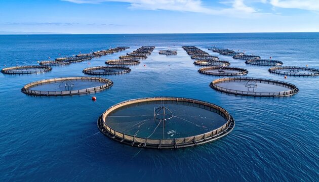 Aerial view of circular fish farm pens in sea.