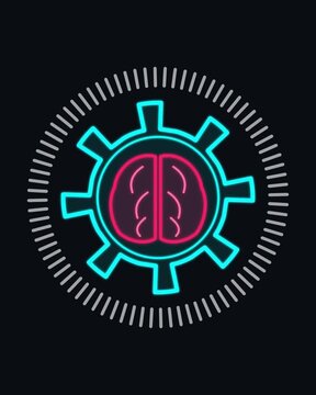 Futuristic cybernetic cognitive engine with rotating mechanical gear and pulsating human brain glowing in dark neon colors seamless looping animation for artificial intelligence