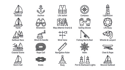 Nautical sailing icons with text labels. © muhammad