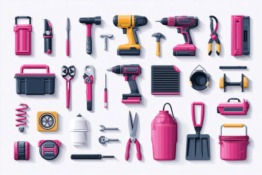 Pink and yellow colored hand tools and equipment