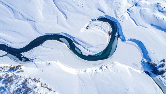 Aerial view of winding river in snowy arctic landscape.