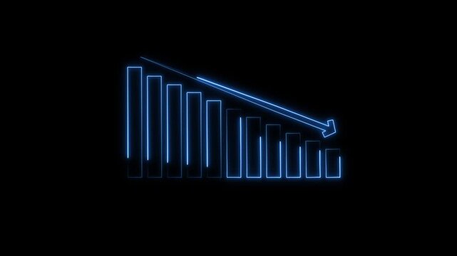 Neon blue bar chart showing a downward trend with a diagonal arrow pointing down, symbolizing financial loss, decrease in stock, or negative business growth.