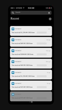Push notifications of received money payments popping up on smartphone screen mockup with dark background seamless looping animation for online business financial success concept.