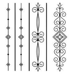 Decorative metal railing vector collection with vertical iron bars featuring diamond shapes and elegant scrollwork details plus minimalist double line borders and floral fleur de lis top ornaments. © Amjad