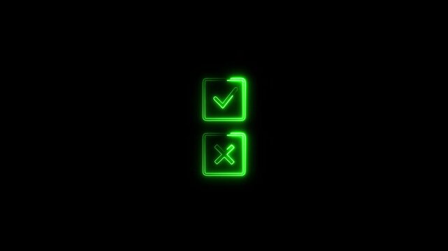 Glowing neon green check mark and cross mark enclosed in separate square boxes on a black background, representing correct and incorrect options or voting.