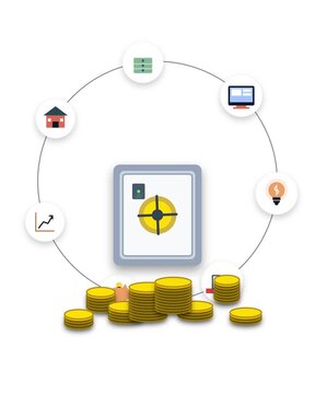 Animated 2.5D Steel Vault With Breathing Gold Coins And Orbiting Finance Icons Loop Concept For Wealth Management Fintech Banking Security And Digital Investment Portfolio Assets
