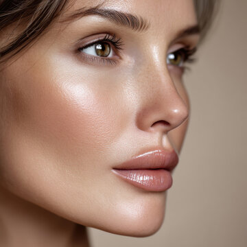 Beautiful oval face soft skin dewy makeup natural brown eyes glossy lips closeup youthful feminine serene