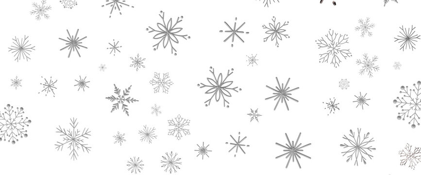 Delicate silver snowflakes drifting down on a clean white canvas background.