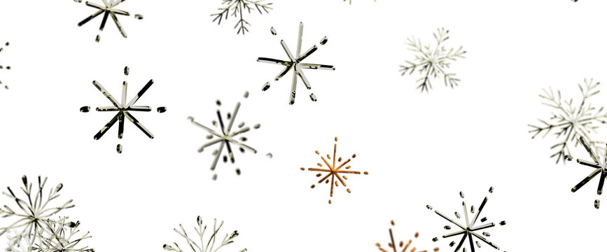 A collection of decorative snowflakes scattered across a clean white background