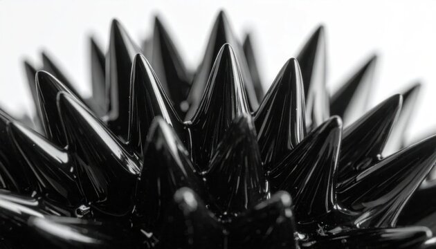 Black magnetic ferrofluid spikes on white background.