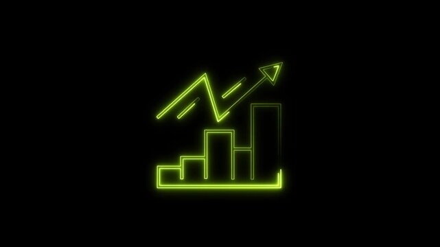 Glowing yellow-green neon bar chart combined with an upward trending line graph, symbolizing successful business performance, data metrics, and high profit margins.