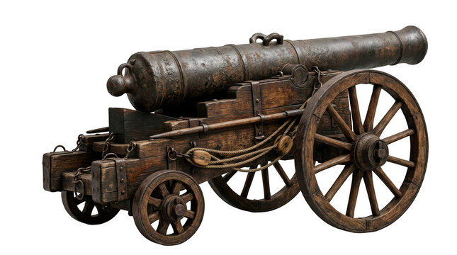 Antique bronze cannon on a wooden carriage isolated on transparent background