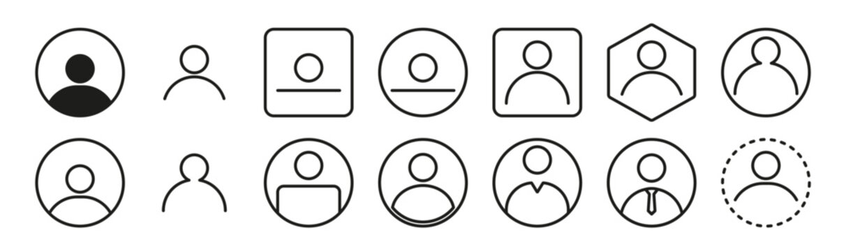 User profile avatar icon set. Collection of outline account, person, and contact symbols for app, web, and interface design