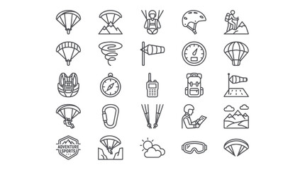 Fototapeta premium Paragliding and extreme air sports line icon set