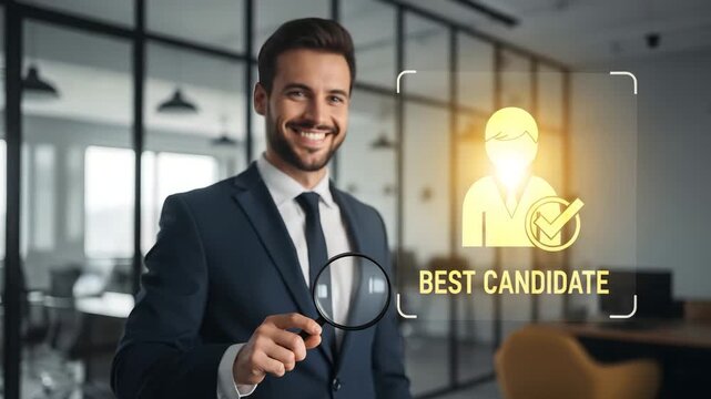 A man in a suit holding a magnifying glass, examining a profile icon with a checkmark, for the concept of recruitment and hiring.