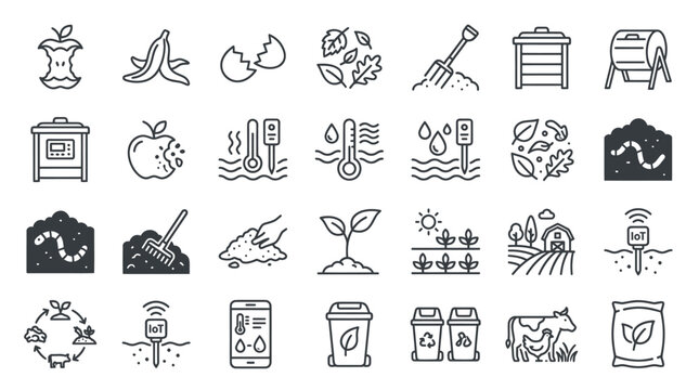Organic waste composting and sustainable soil management icons