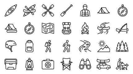 Fototapeta premium Outdoor camping and kayaking equipment outline icon set
