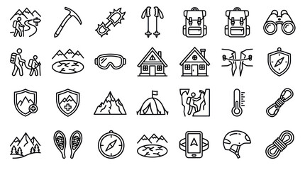 Fototapeta premium Outdoor hiking and mountaineering equipment icons set.
