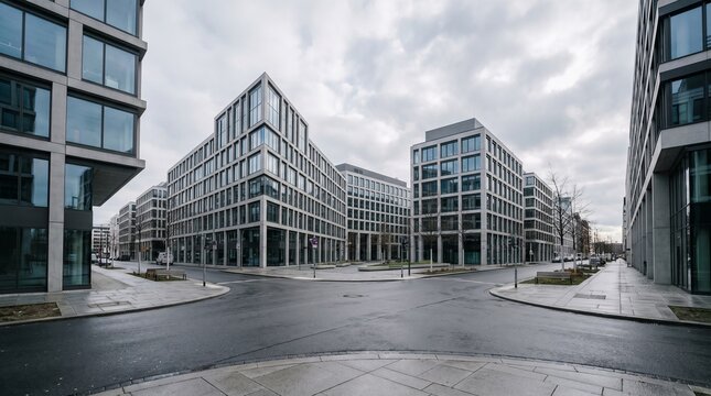 Empty asphalt road junction surrounded by modern low rise office block buildings