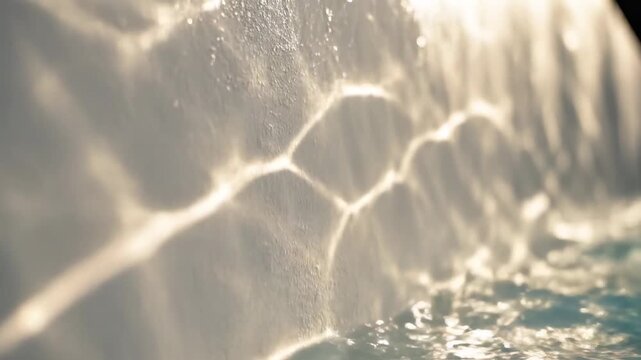 Water flows over a white surface and creates reflections in bright light