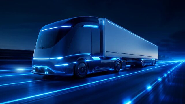 Futuristic electric semi truck driving on highway at night. Autonomous vehicle with glowing blue lights moving fast. Modern transportation and logistics concept