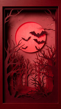 Paper cut style halloween forest with red moon and bats illustration