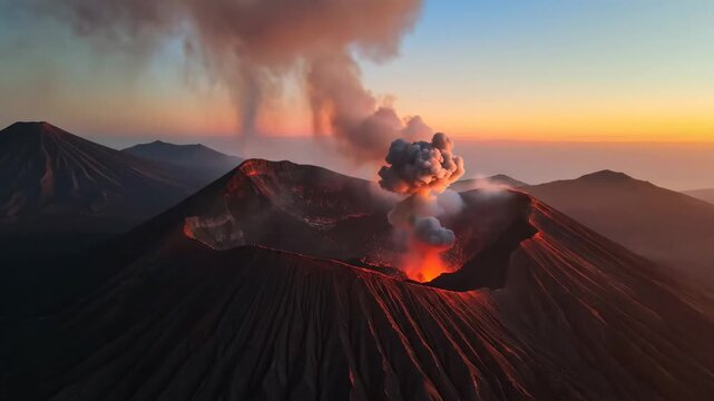 Majestic lava eruptions from a volcano at sunset in El Salvador
