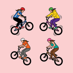 Obraz premium Set of four different young people riding bmx bikes performing stunts with freestyle, recreation