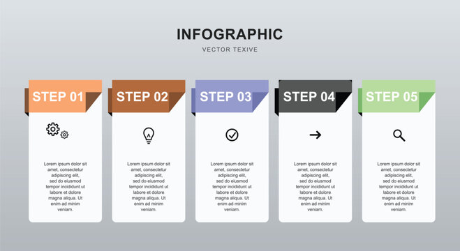 Modern step infographic template with five horizontal rectangular banners folded ribbons look perfect for business workflow presentation graphic data charts