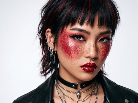 Edgy alternative young Asian woman with a punk rock mullet haircut and dramatic red glitter makeup staring intensely