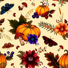 Fototapeta premium Hand Painted Autumn Seamless Pattern with Pumpkins, Moths and Botanical Elements