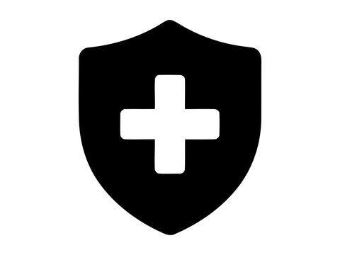 Black shield icon with a white medical cross symbol for health and safety design