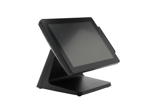 Modern black pos terminal touchscreen display isolated on transparent background