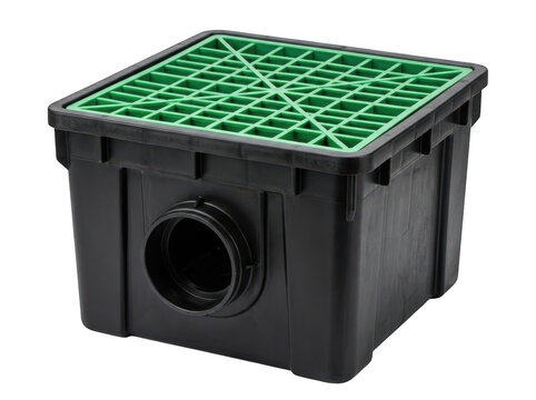 Plastic drainage catch basin with green grate isolated on transparent background