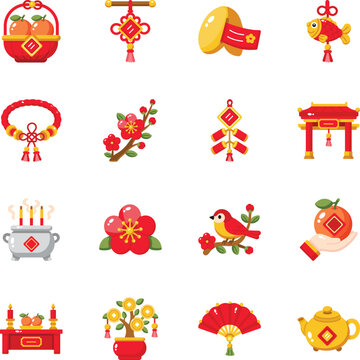 Traditional Chinese festival icons featuring lucky charms, flowers, food, temple objects, plants, fans, and decorative ornaments. 
