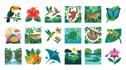 Obraz premium Vibrant Tropical Rainforest Wildlife and Flora Flat Icons Set